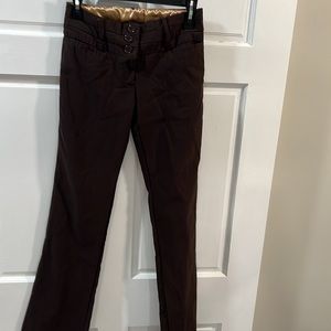 Size 5 brown dress pants wide leg front and back pockets three buttons and zip